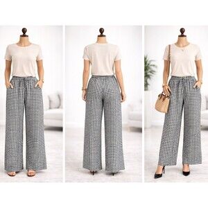 A New Day Women’s Wide Leg Pants Large Black White Gingham Linen Blend Elastic W